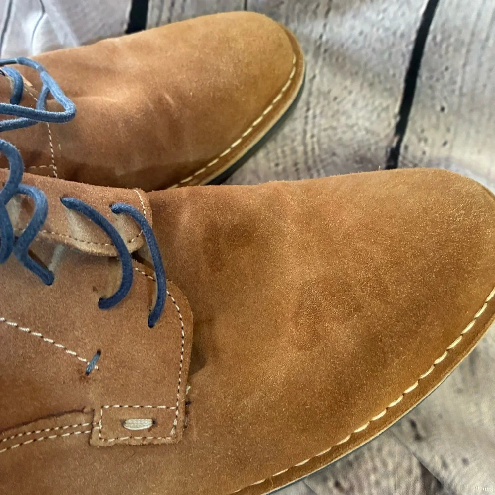 Steve Madden Hatrick Mens Sz 13 Tan Suede Preppy Oxford Shoes Navy Lace Up Shoes